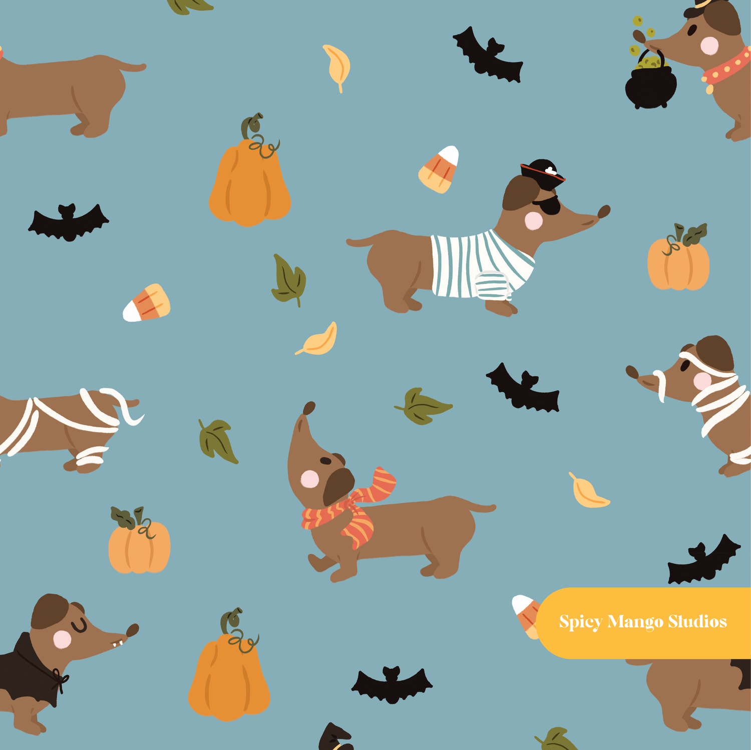 Blue Halloweenie Seamless Pattern
