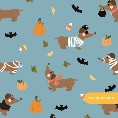 Blue Halloweenie Seamless Pattern