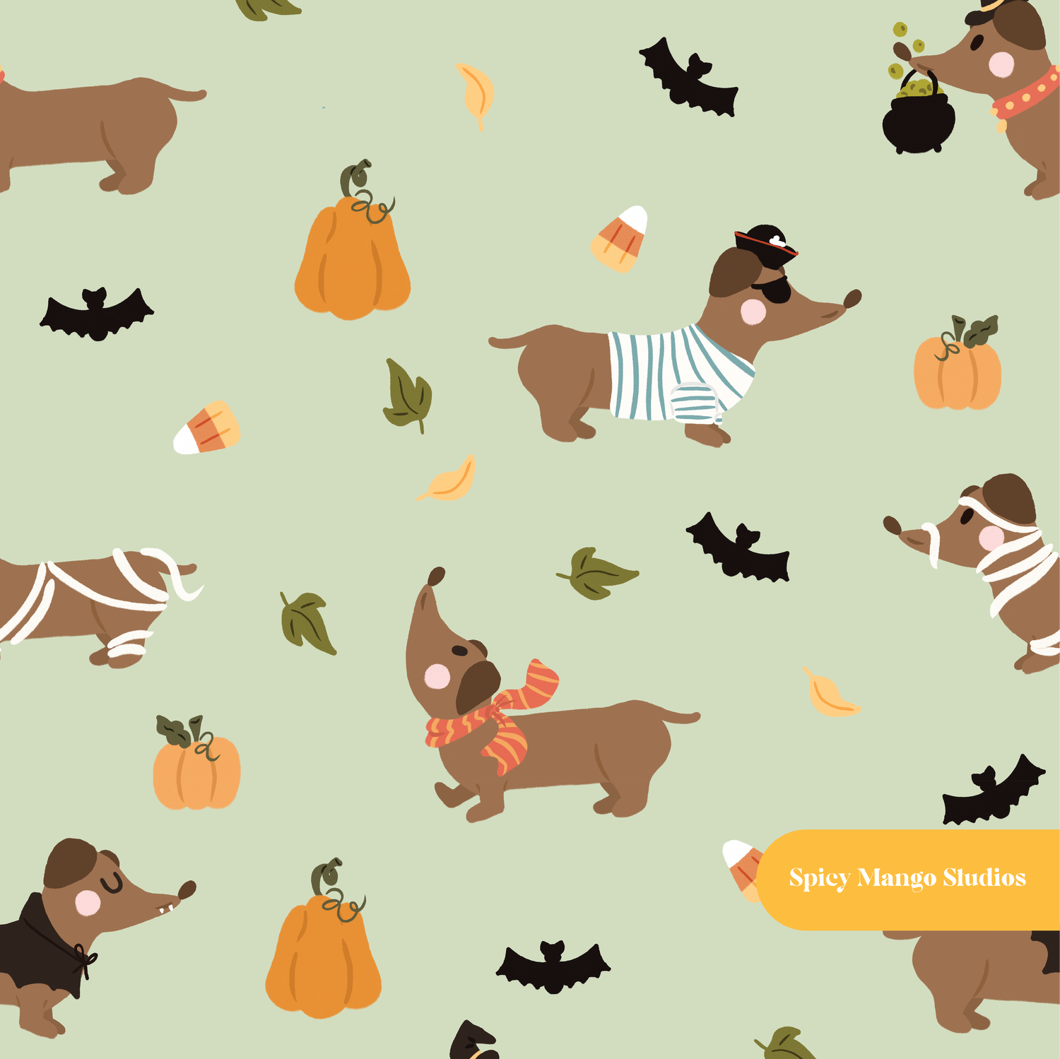 Sage Halloweenie Seamless Pattern