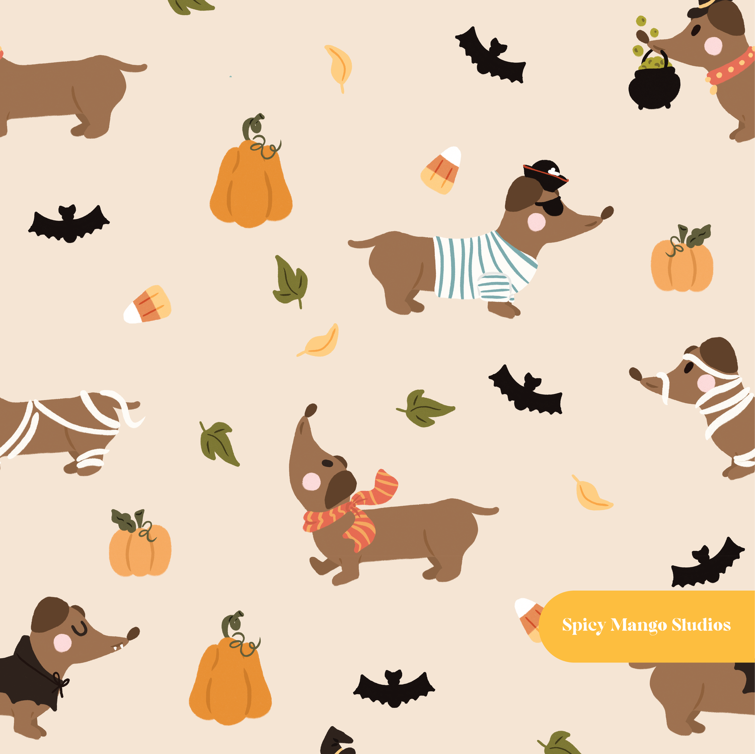 Tan Halloweenie Seamless Pattern