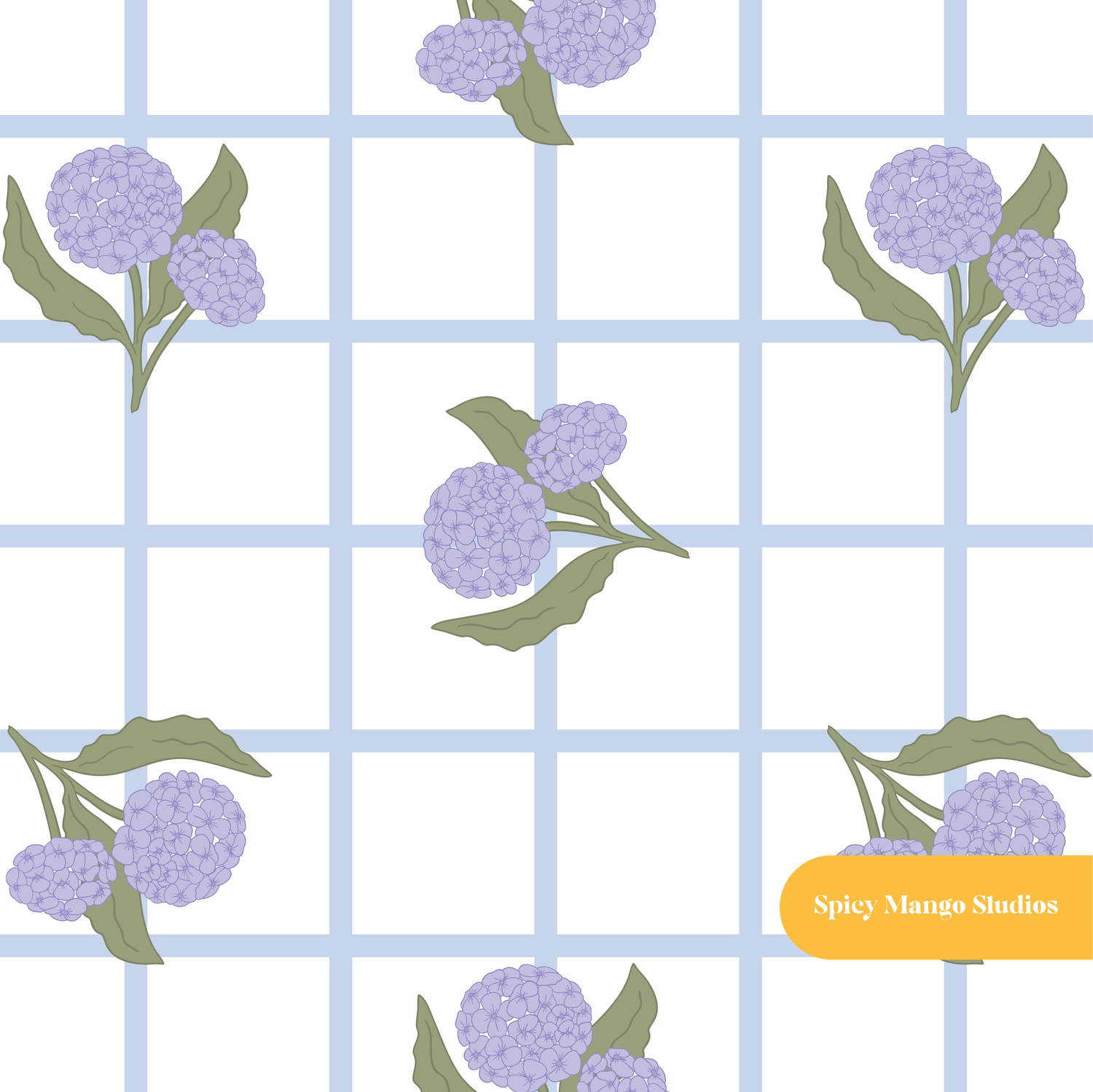 Periwinkle Plaid Hydrangea Floral Seamless Pattern