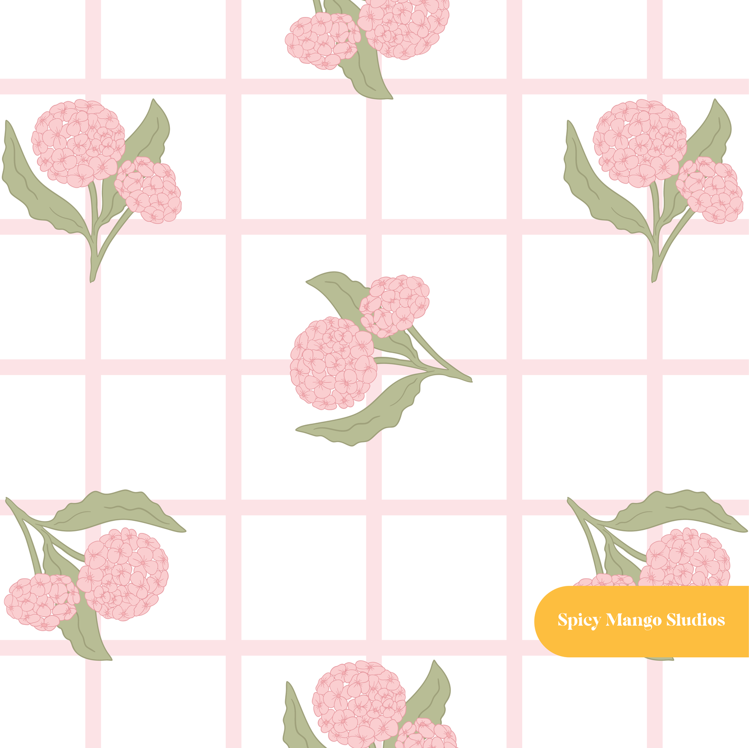 Pink Plaid Hydrangea Floral Seamless Pattern