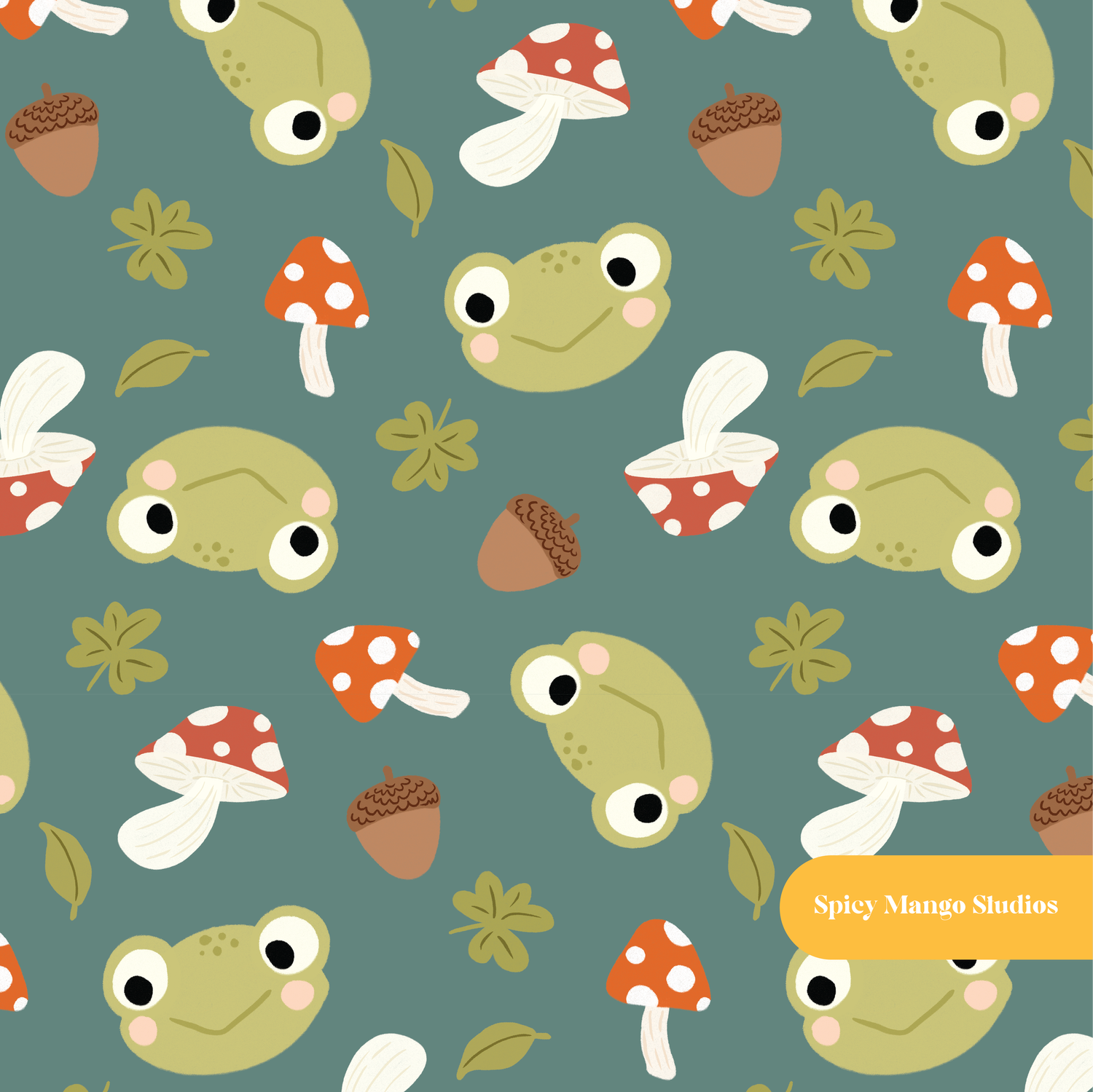 Woodland Green Happy Frog Seamless Pattern