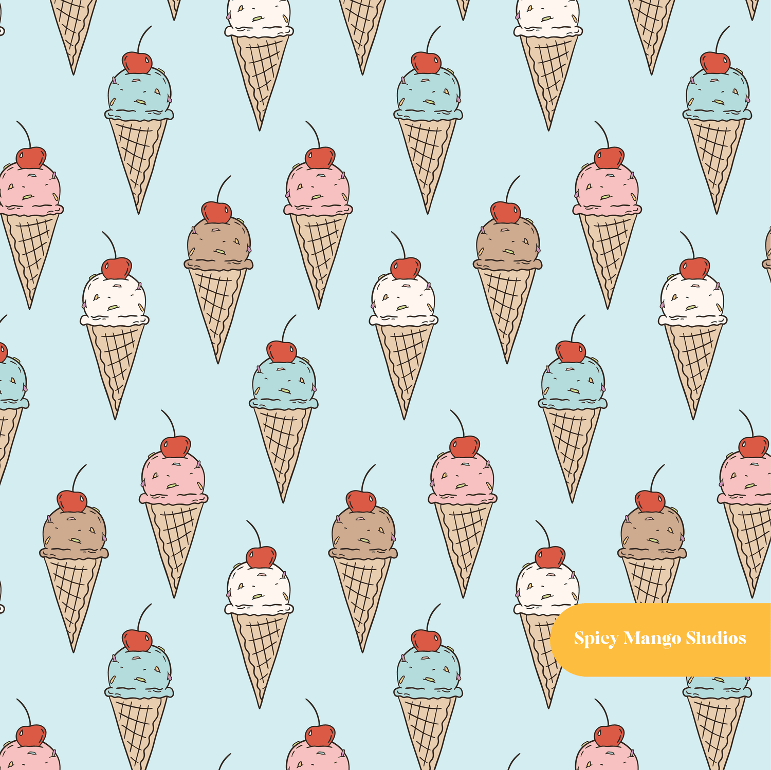 Light Blue Ice Cream Cone Medley Seamless Pattern – Digital Download