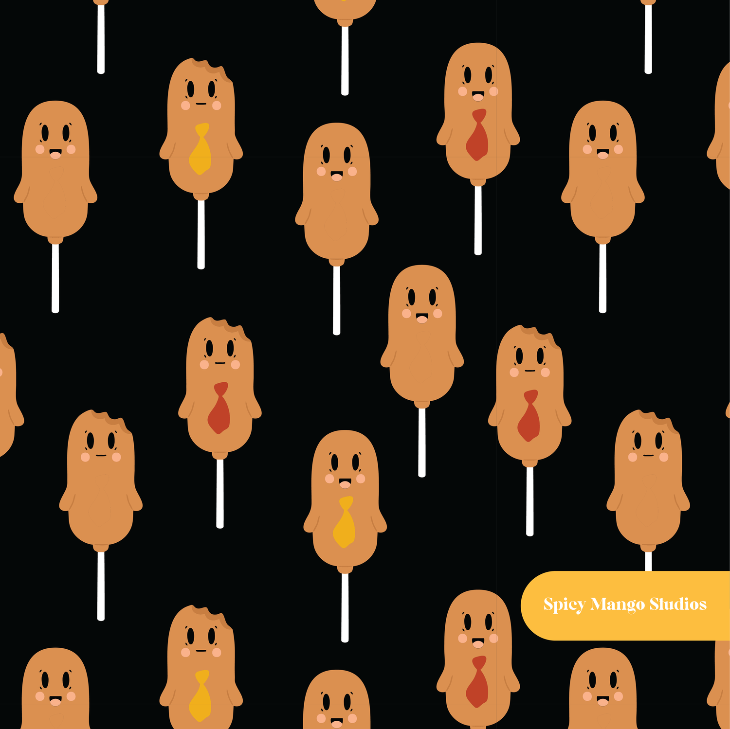 Black Kawaii Corn Dogs Seamless Pattern