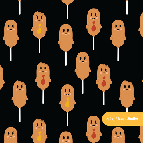 Black Kawaii Corn Dogs Seamless Pattern
