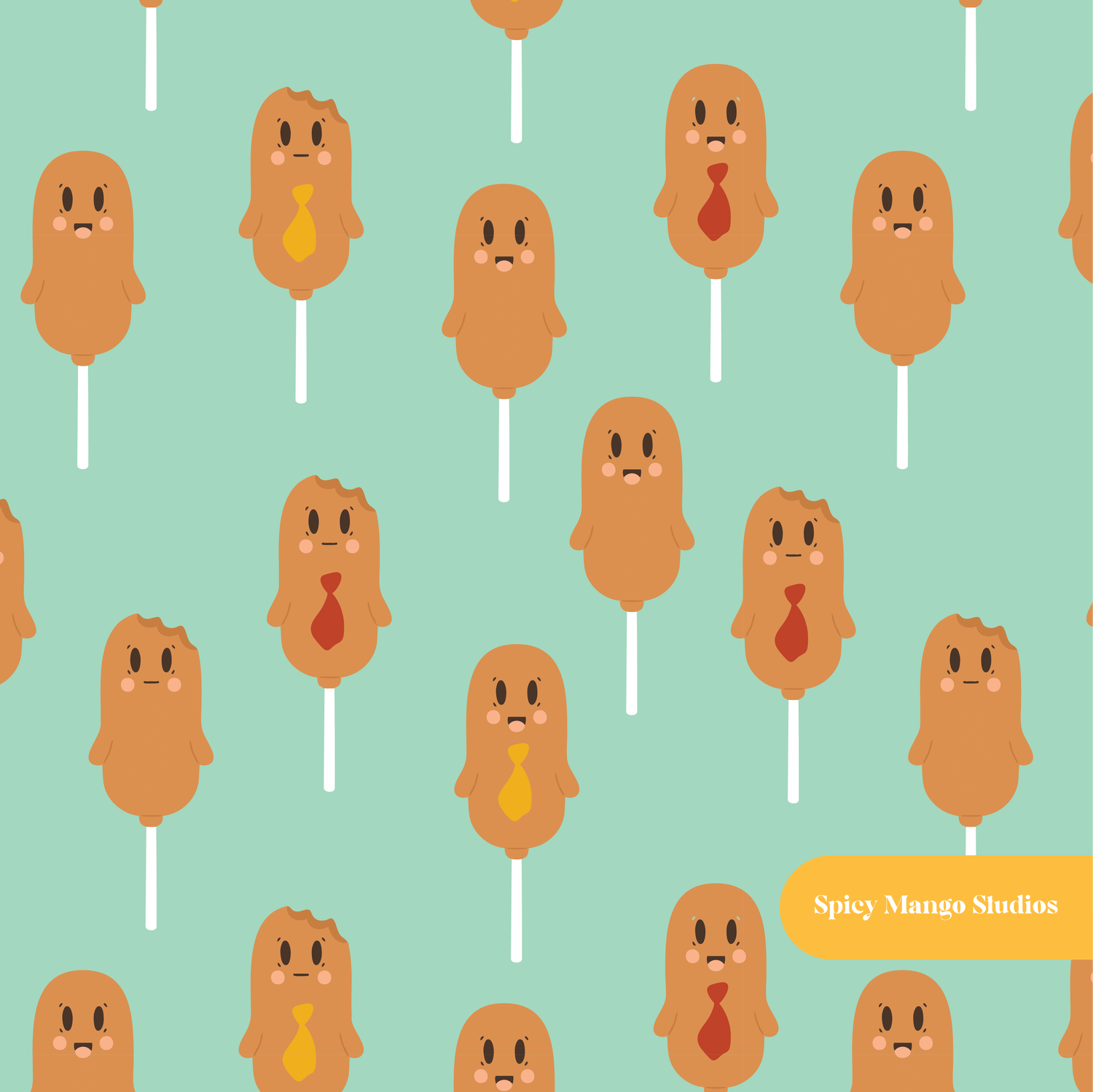 Green Kawaii Corn Dogs Seamless Pattern