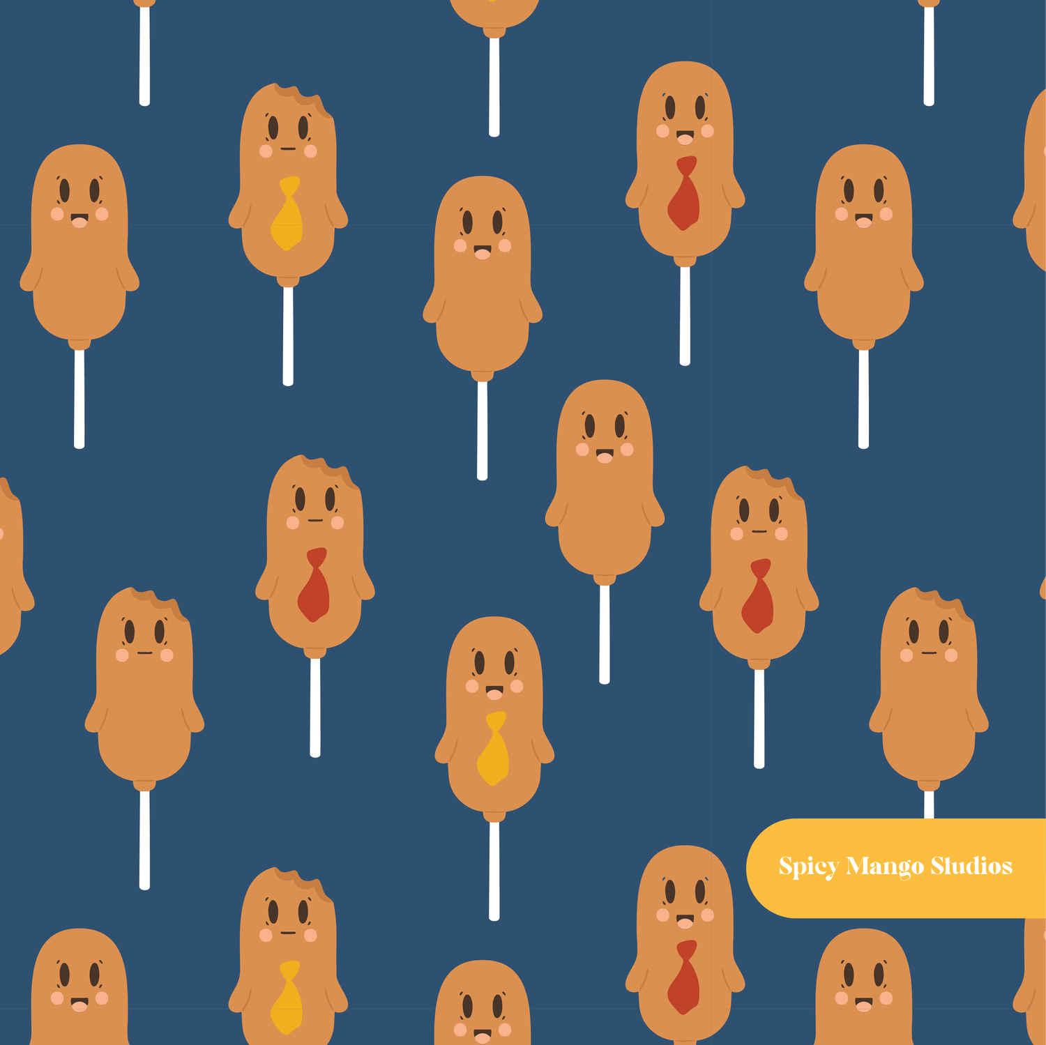 Navy Kawaii Corn Dogs Seamless Pattern