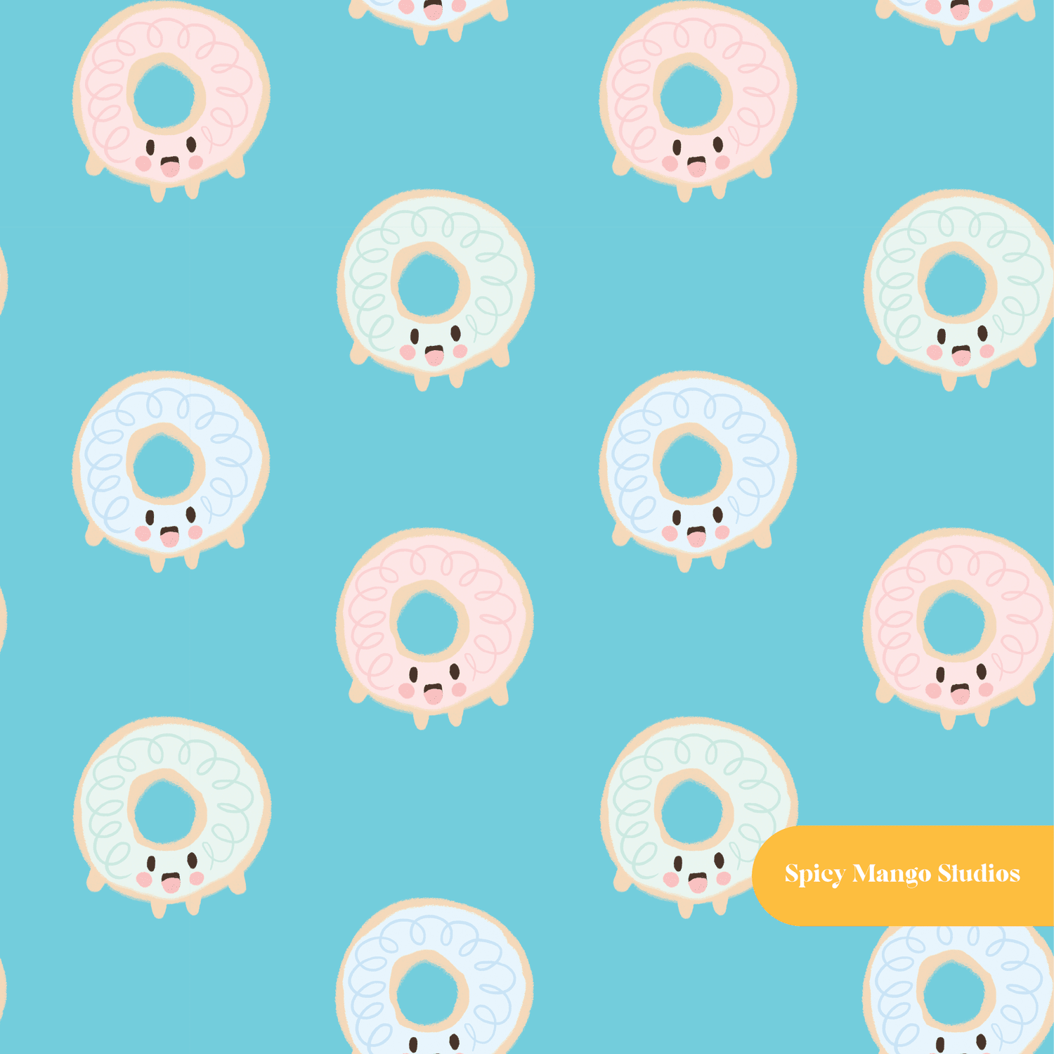 Aqua Kawaii Donuts Seamless Pattern