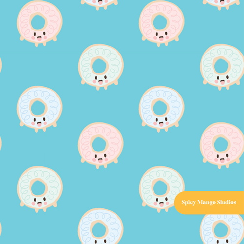 Aqua Kawaii Donuts Seamless Pattern