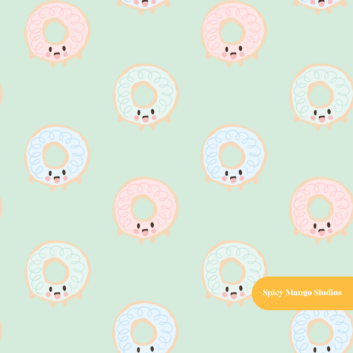 Pastel Green Kawaii Donuts Seamless Pattern