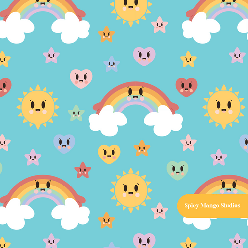 Aqua Kawaii Rainbow Magic Seamless Pattern