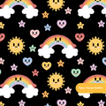 Black Kawaii Rainbow Magic Seamless Pattern