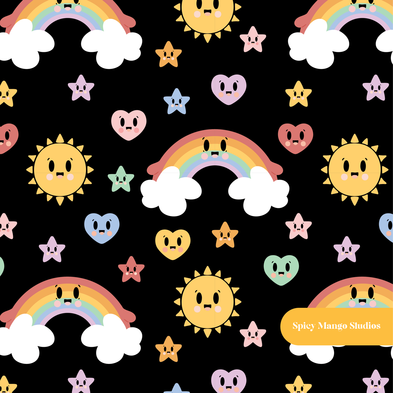 Black Kawaii Rainbow Magic Seamless Pattern