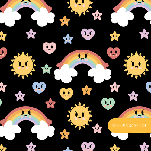 Black Kawaii Rainbow Magic Seamless Pattern