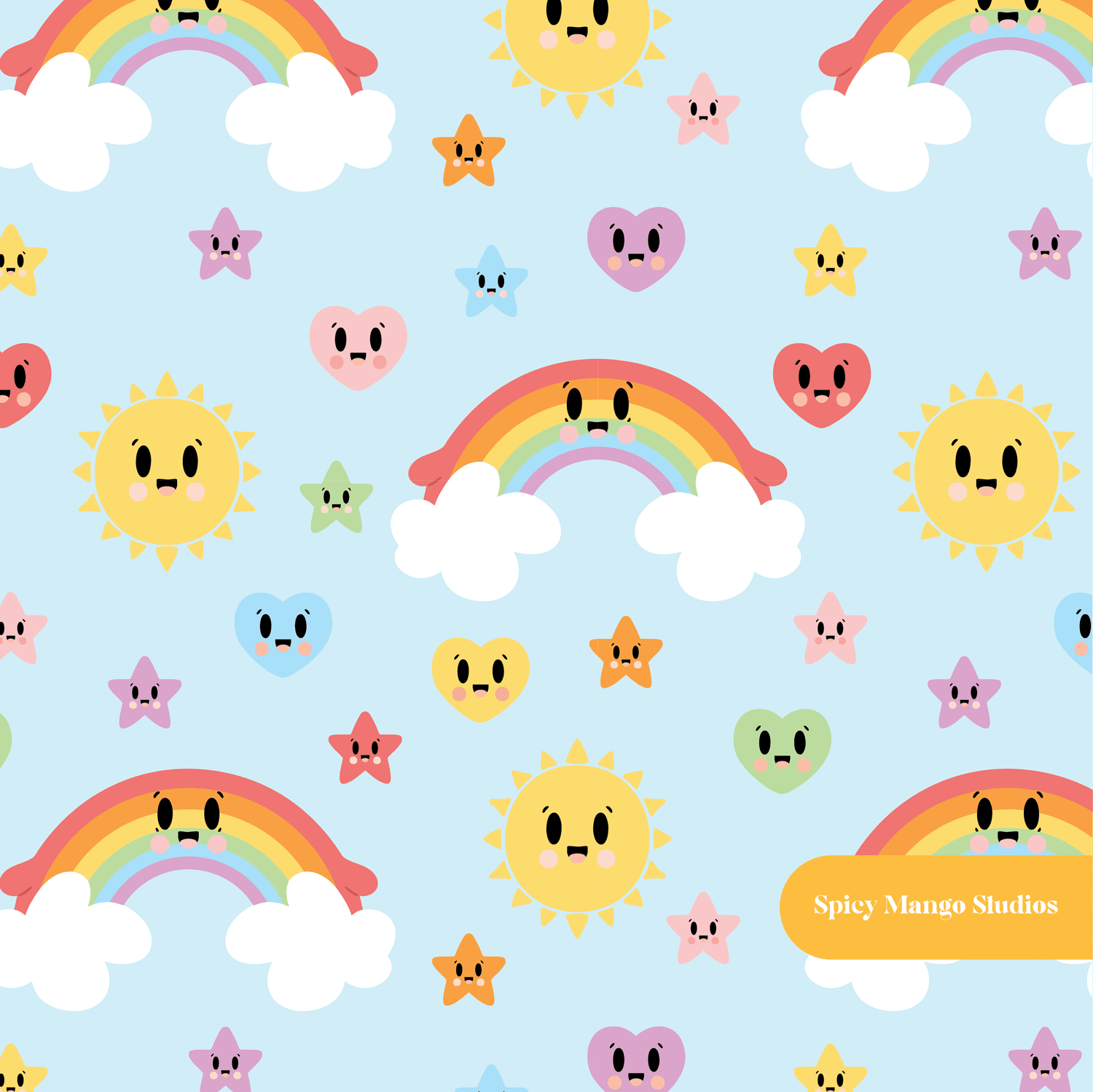Pastel Blue Kawaii Rainbow Magic Seamless Pattern