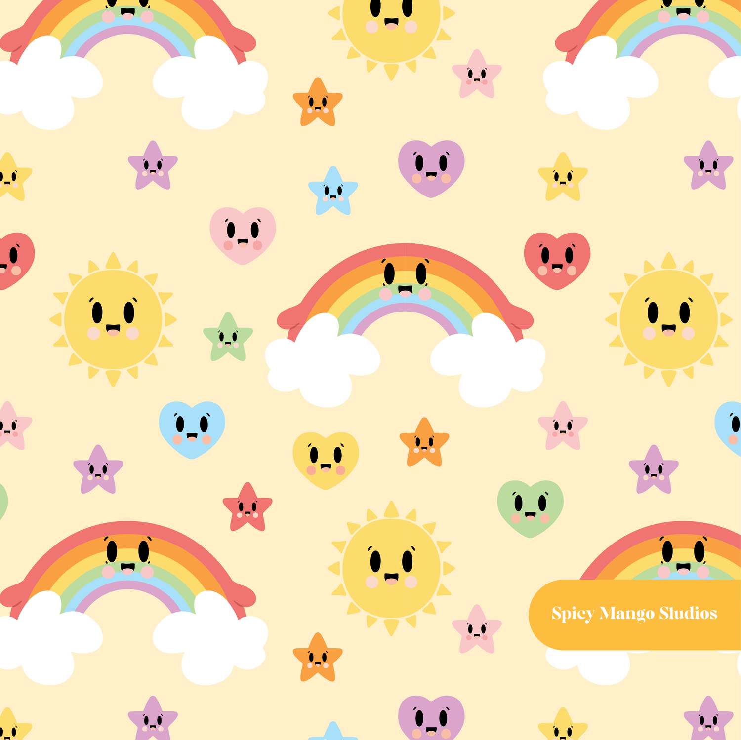 Pastel Yellow Kawaii Rainbow Magic Seamless Pattern