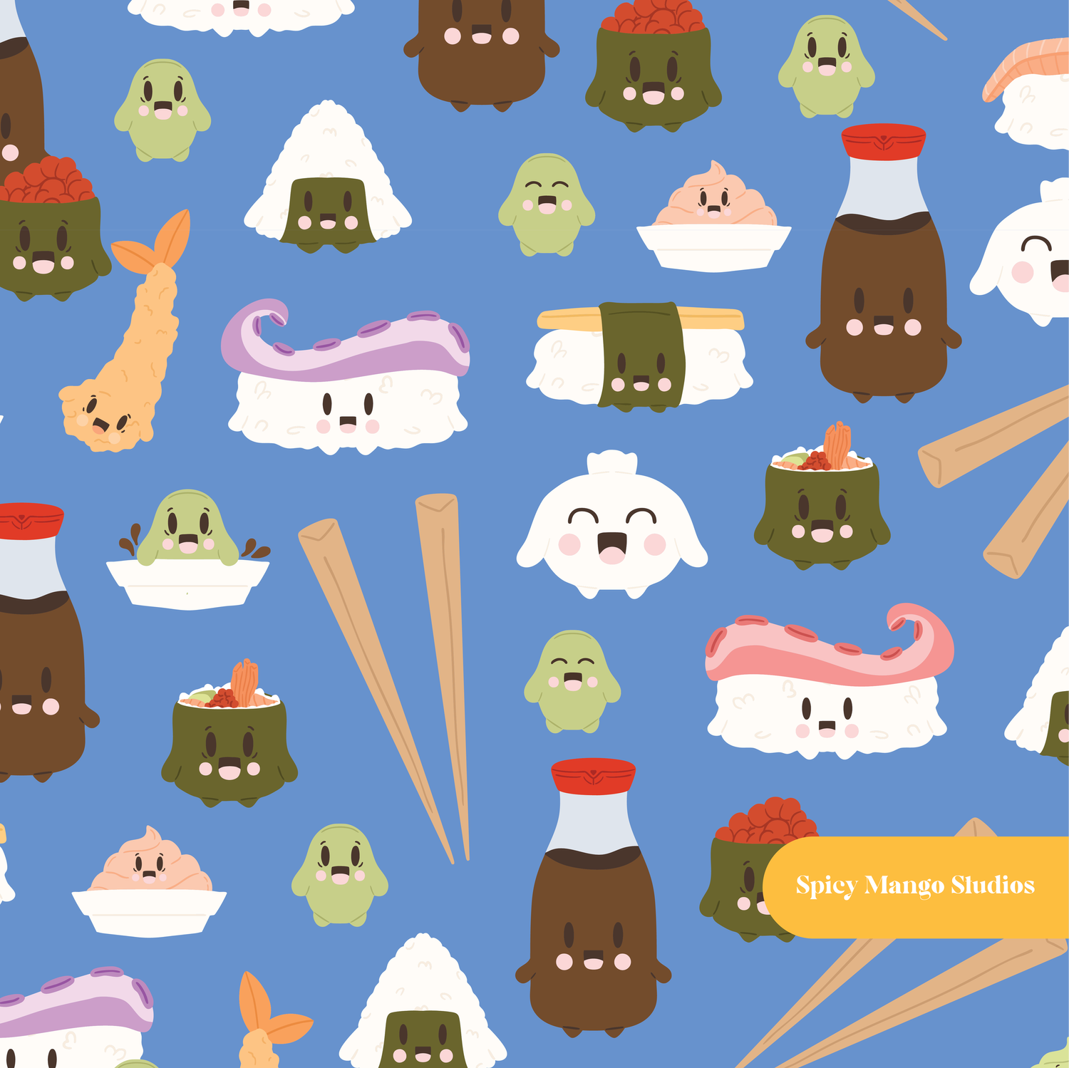 Blue Kawaii Sushi Seamless Pattern