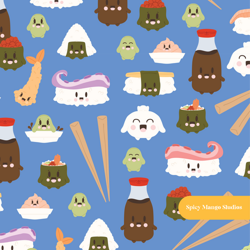 Blue Kawaii Sushi Seamless Pattern