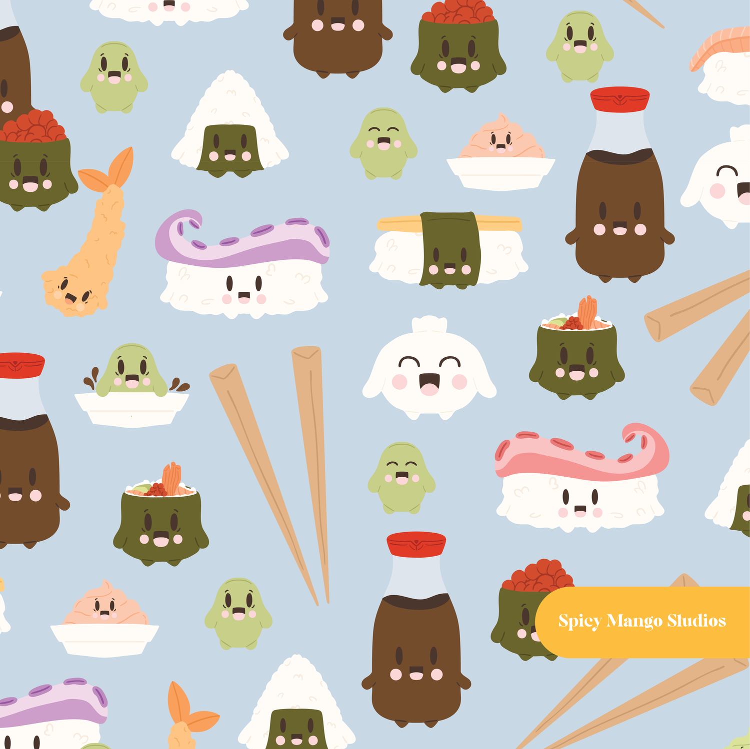 Dusty Blue Kawaii Sushi Seamless Pattern