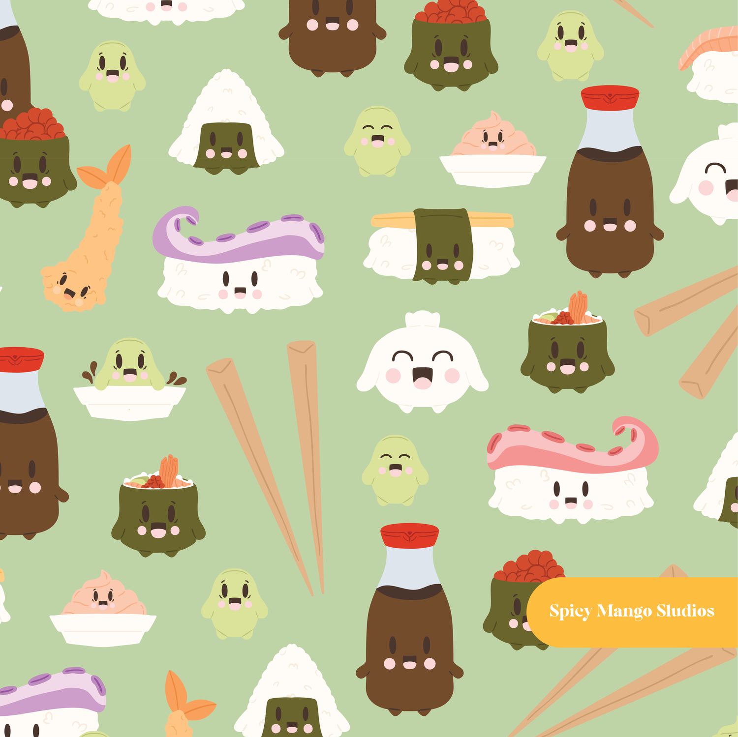 Green Kawaii Sushi Seamless Pattern