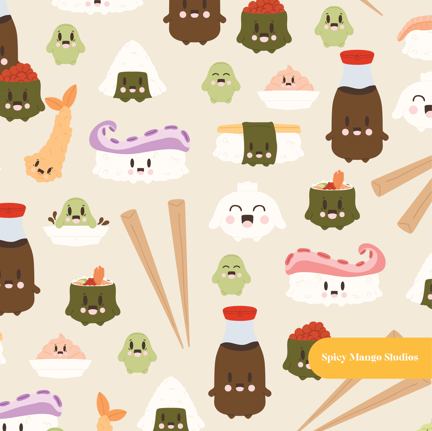 Neutral Kawaii Sushi Seamless Pattern