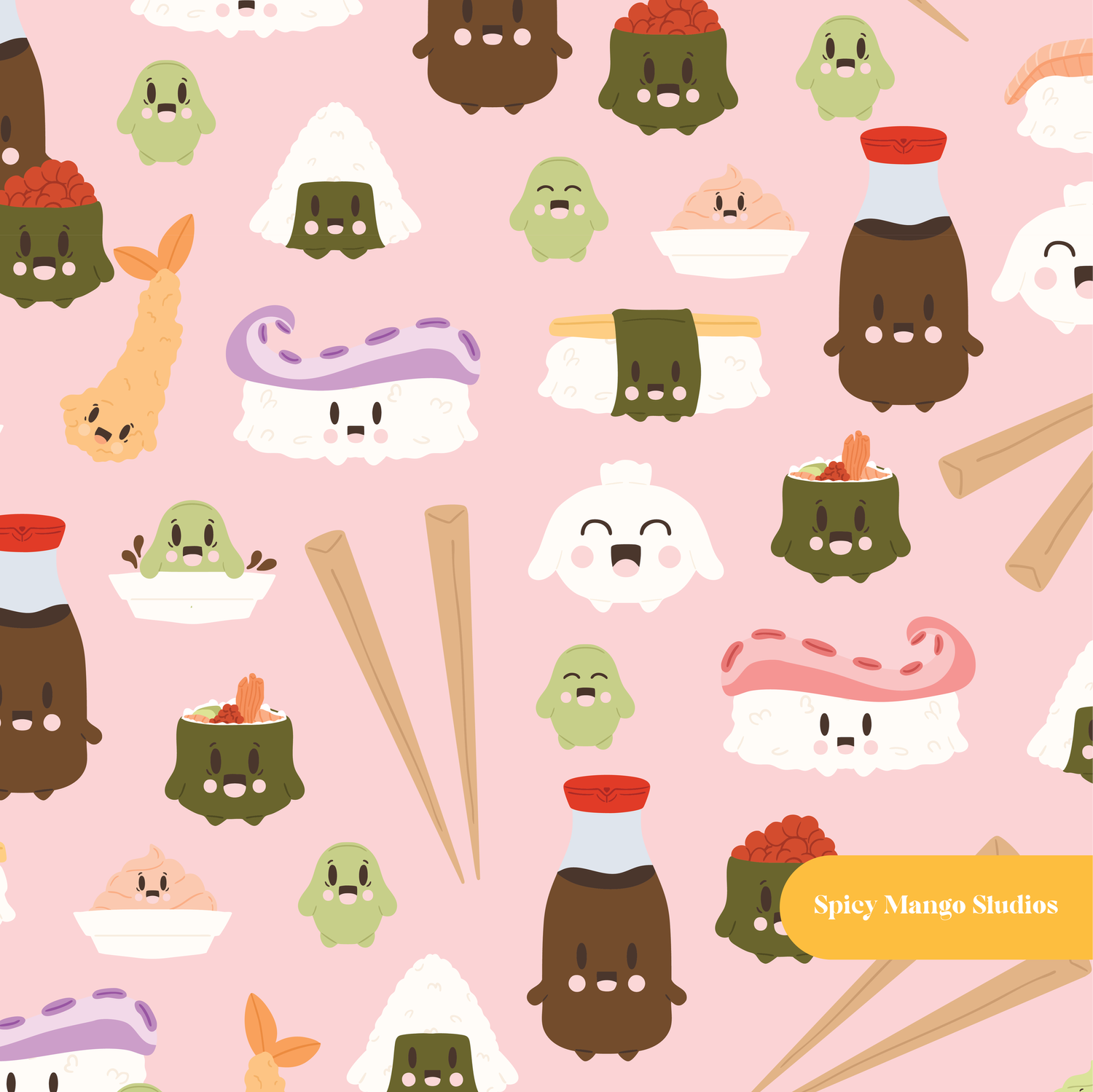 Pink Kawaii Sushi Seamless Pattern