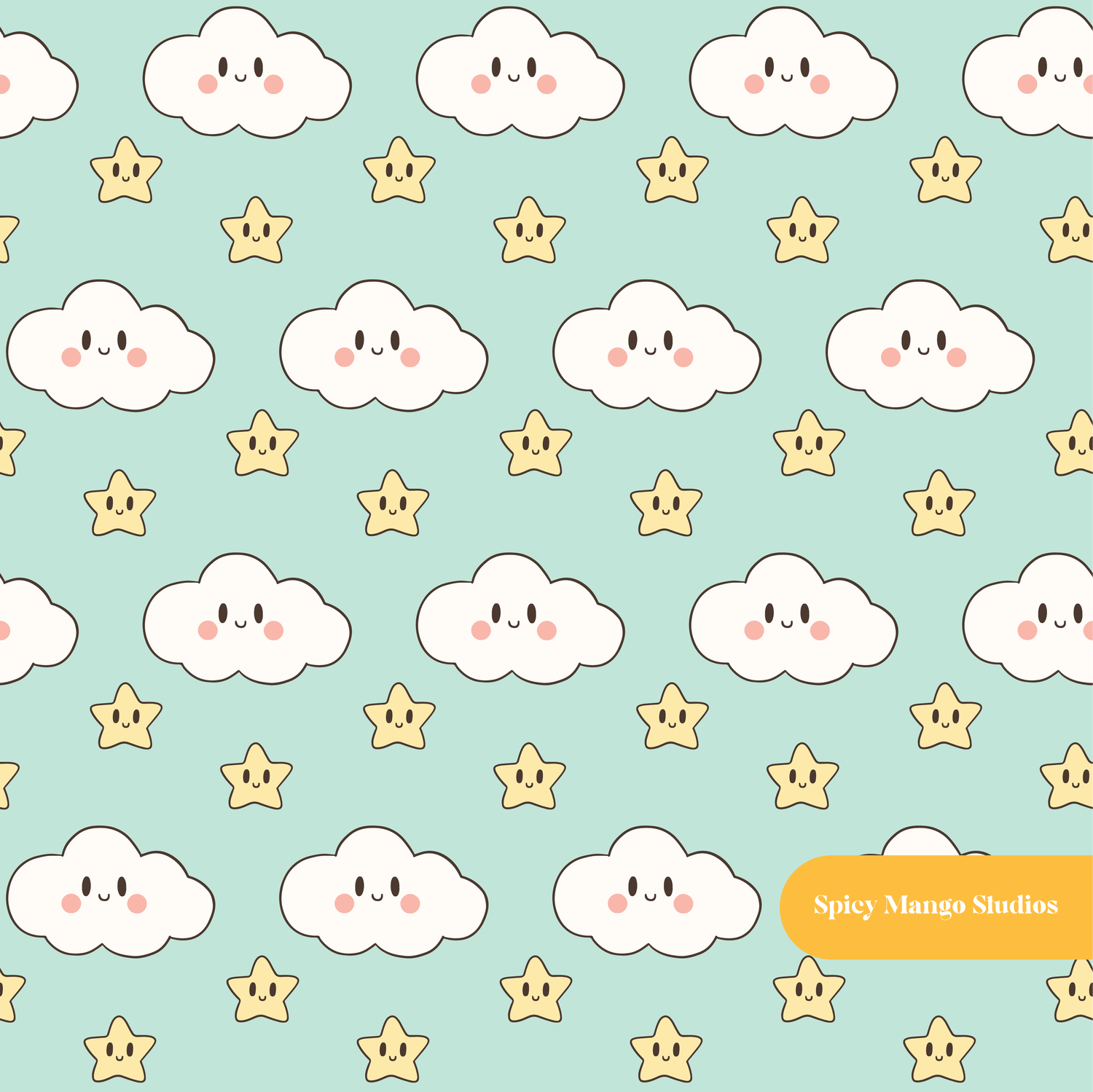 Mint Kawaii Clouds Seamless Pattern