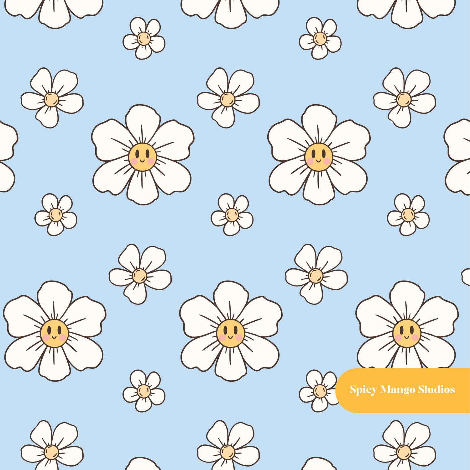 Cloud Blue Kawaii Daisy Seamless Pattern