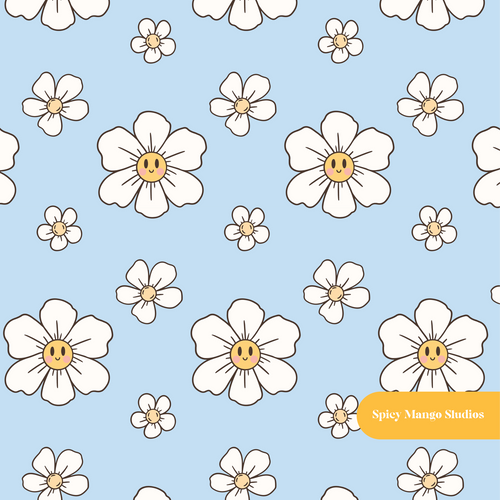 Cloud Blue Kawaii Daisy Seamless Pattern