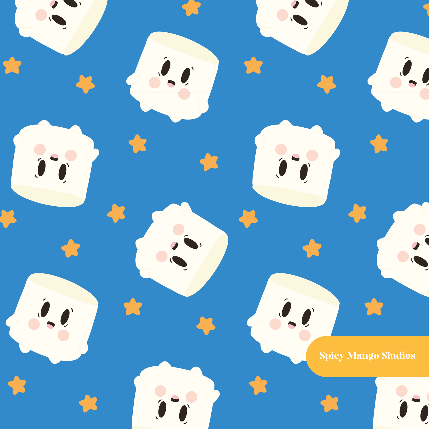 Blue Kawaii Marshmallows Seamless Pattern
