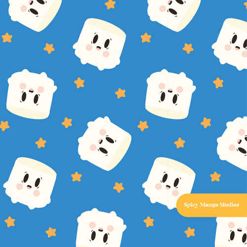 Blue Kawaii Marshmallows Seamless Pattern