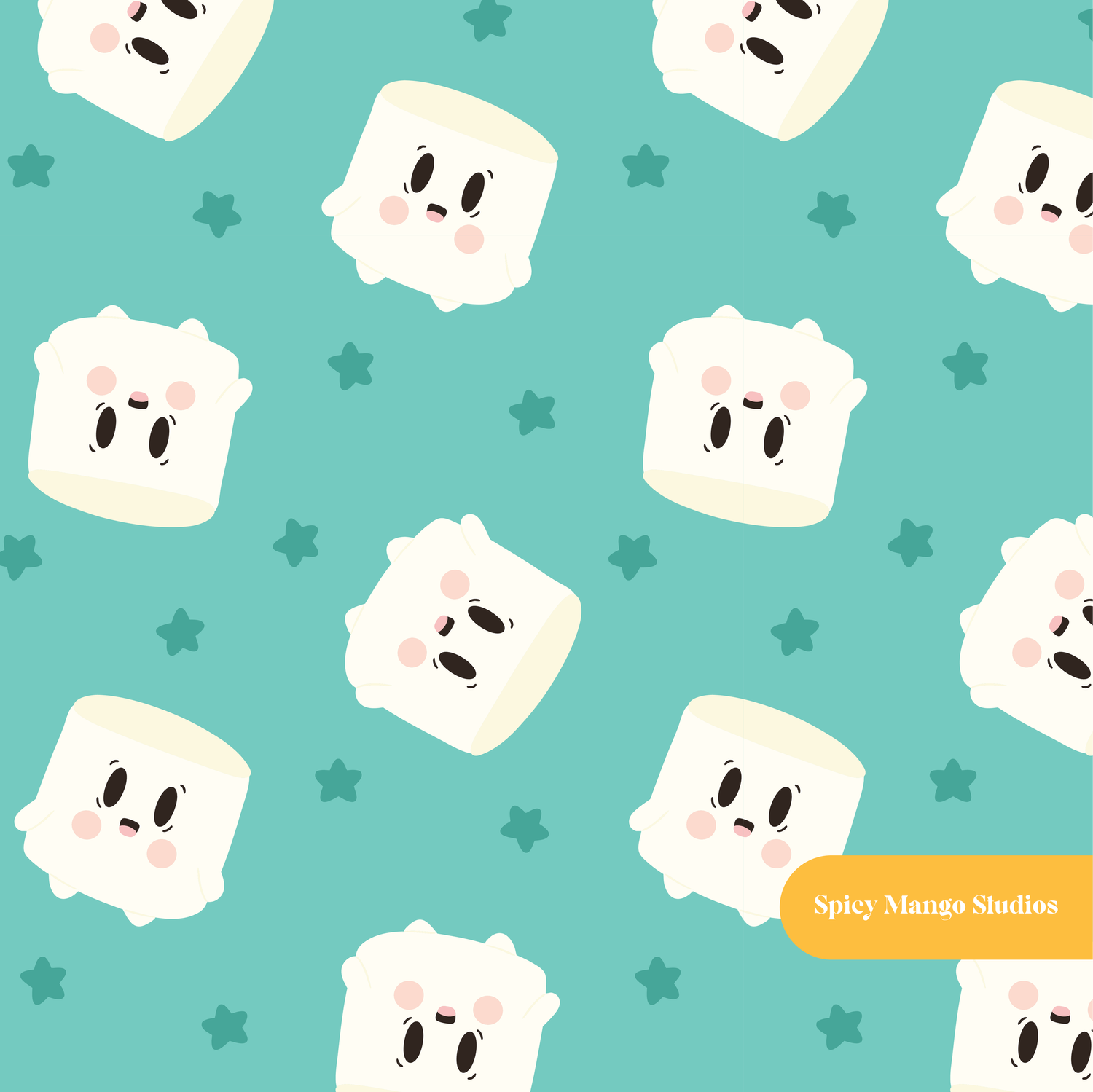 Teal Kawaii Marshmallows Seamless Pattern