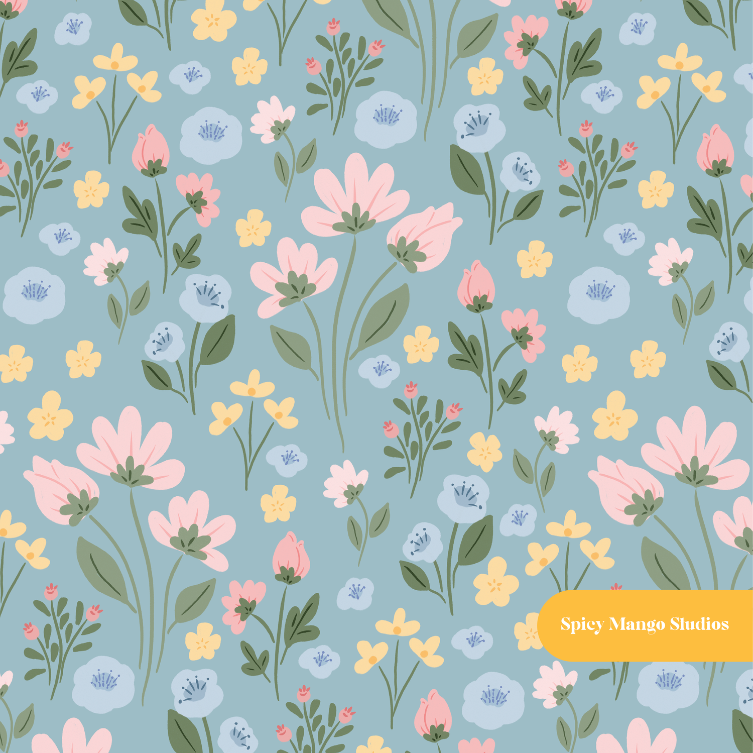 Dusty Blue Lizzie Floral Seamless Pattern