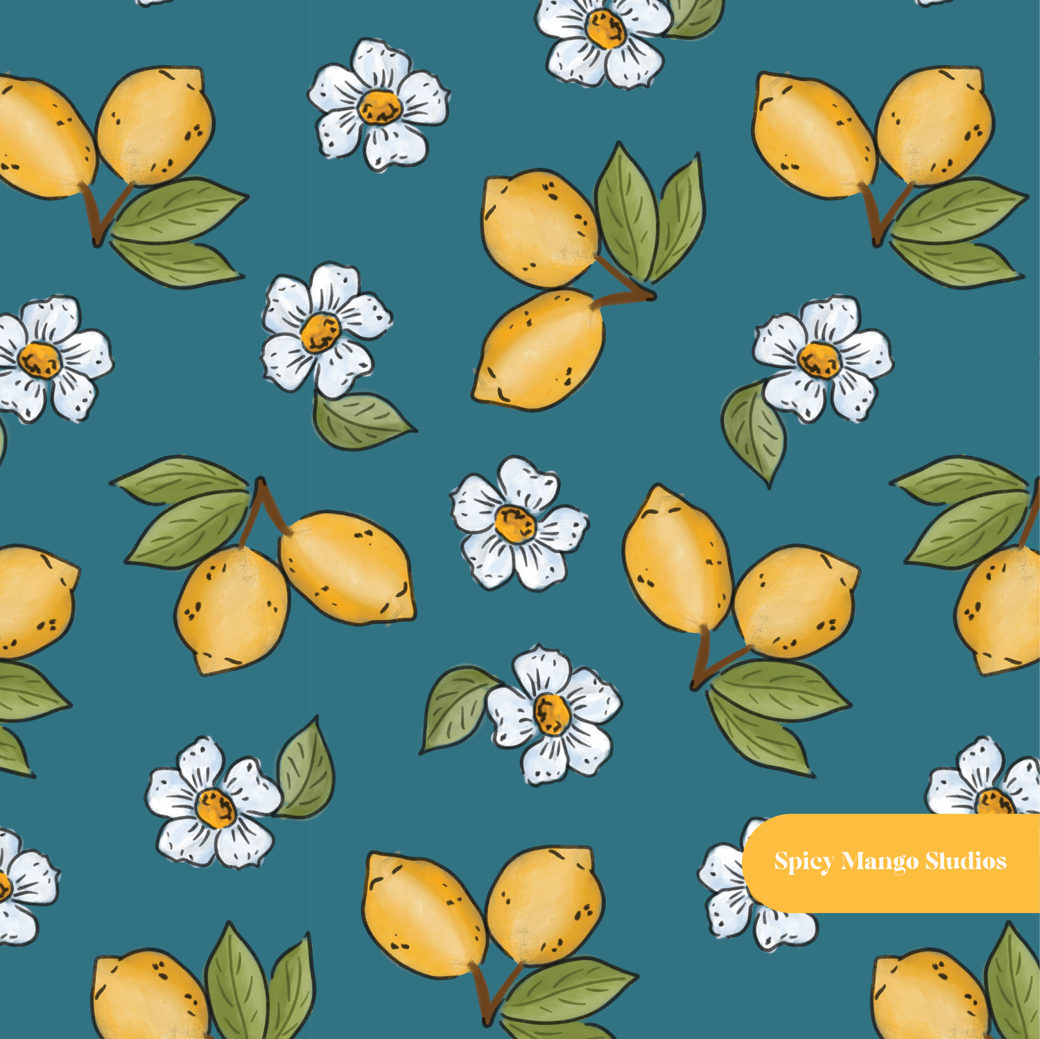 Aquamarine Lemon Floral Seamless Pattern