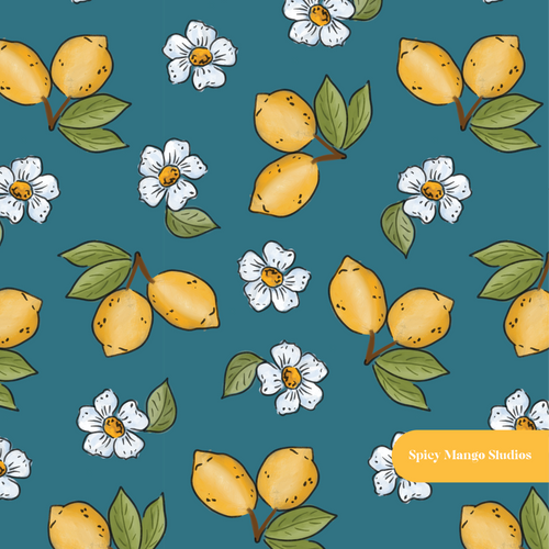 Aquamarine Lemon Floral Seamless Pattern