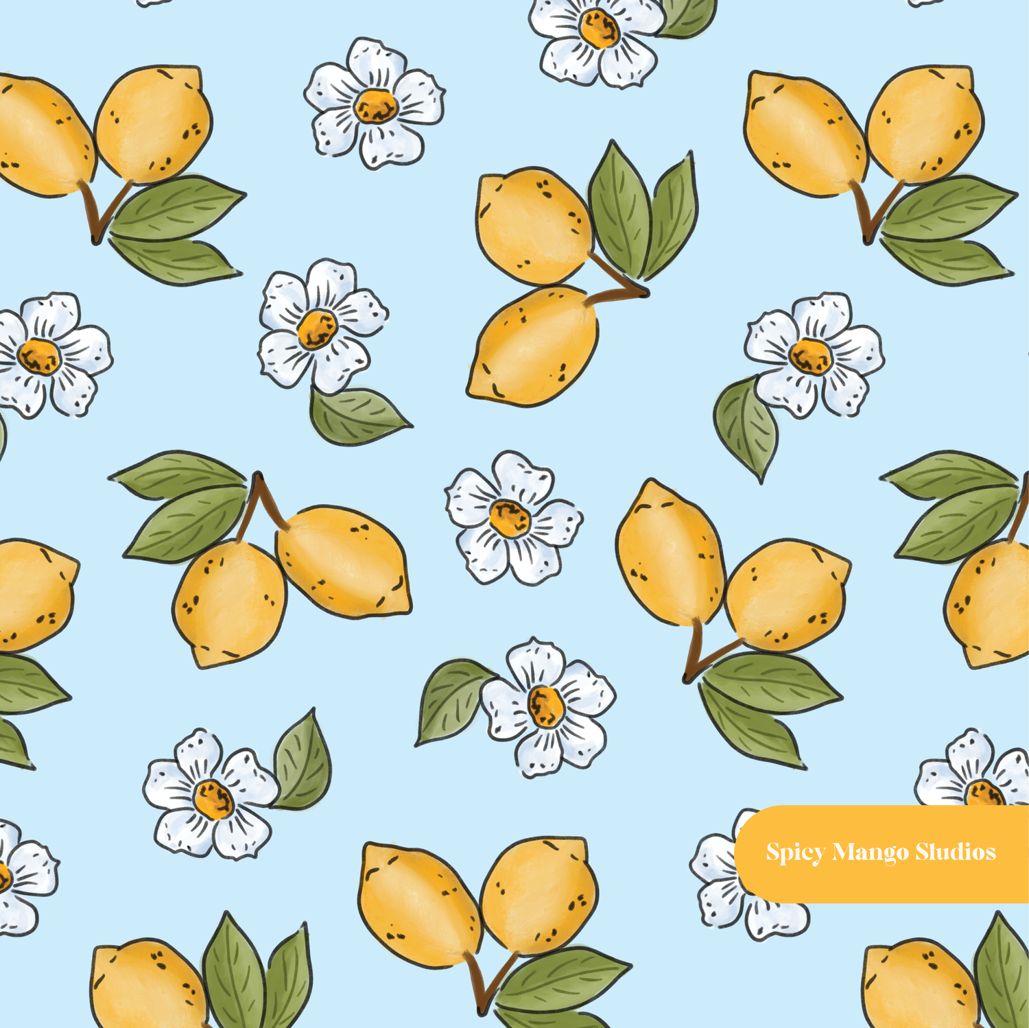 Light Blue Lemon Floral Seamless Pattern