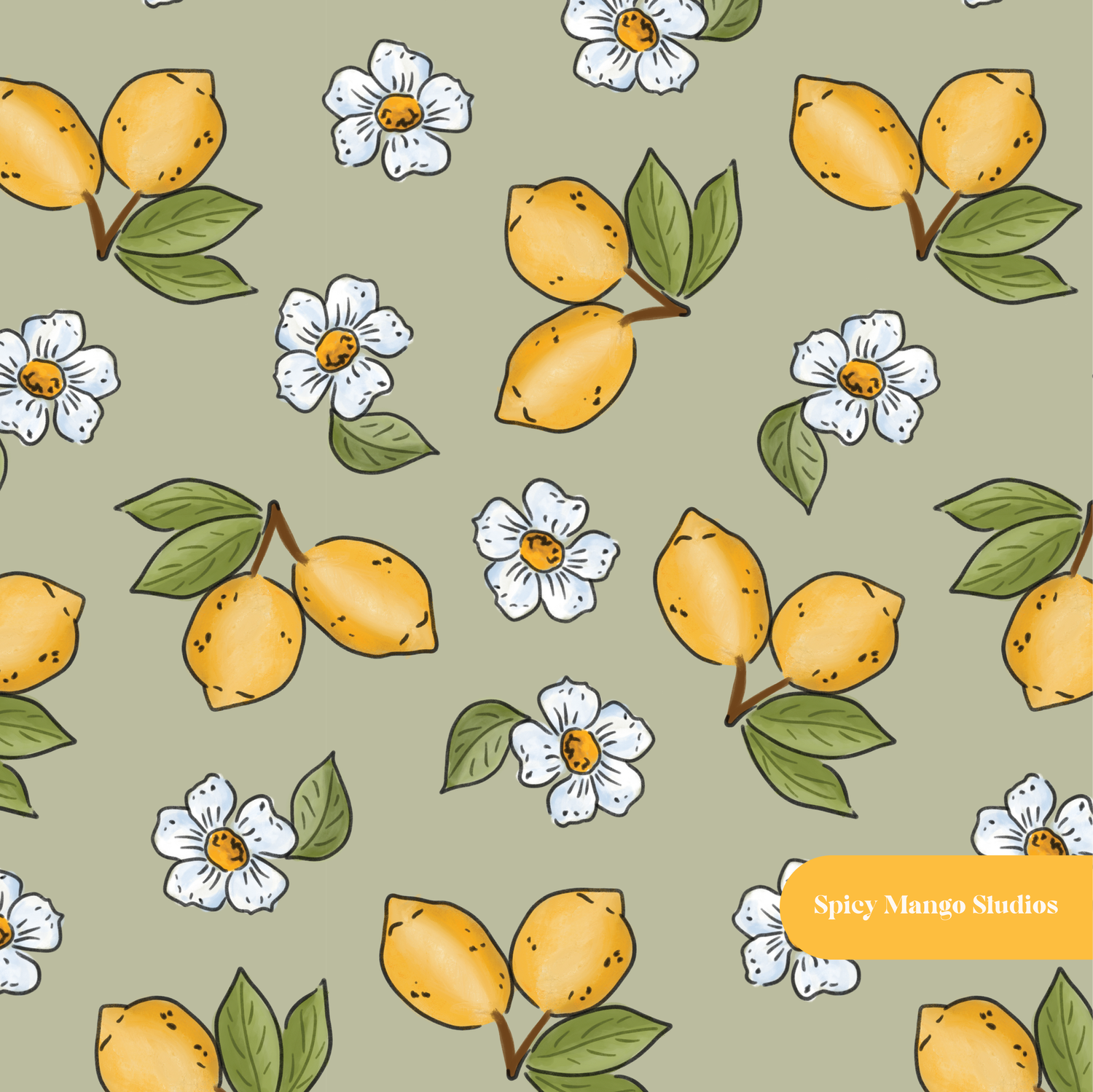 Olive Lemon Floral Seamless Pattern