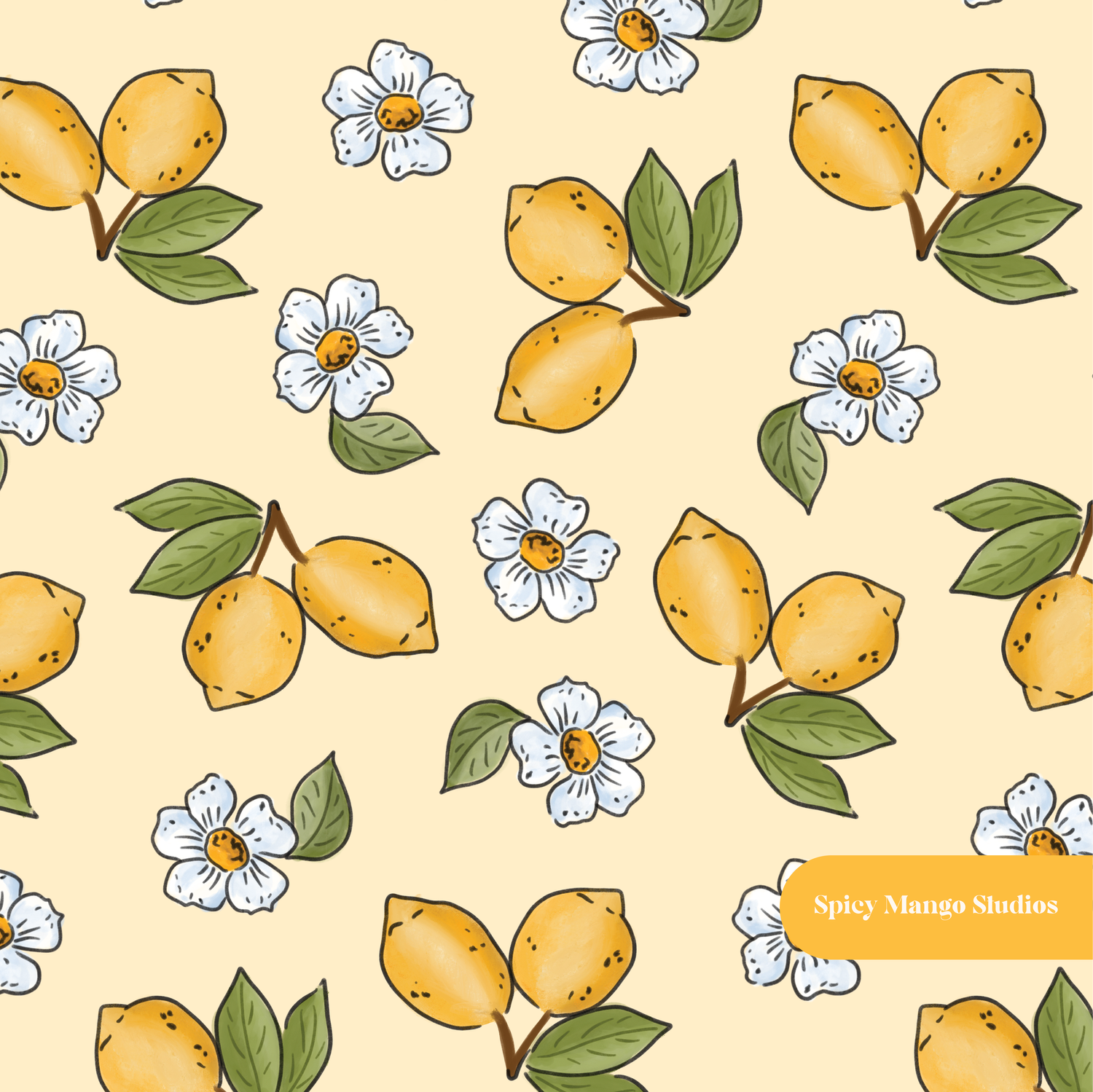 Pastel Yellow Lemon Floral Seamless Pattern