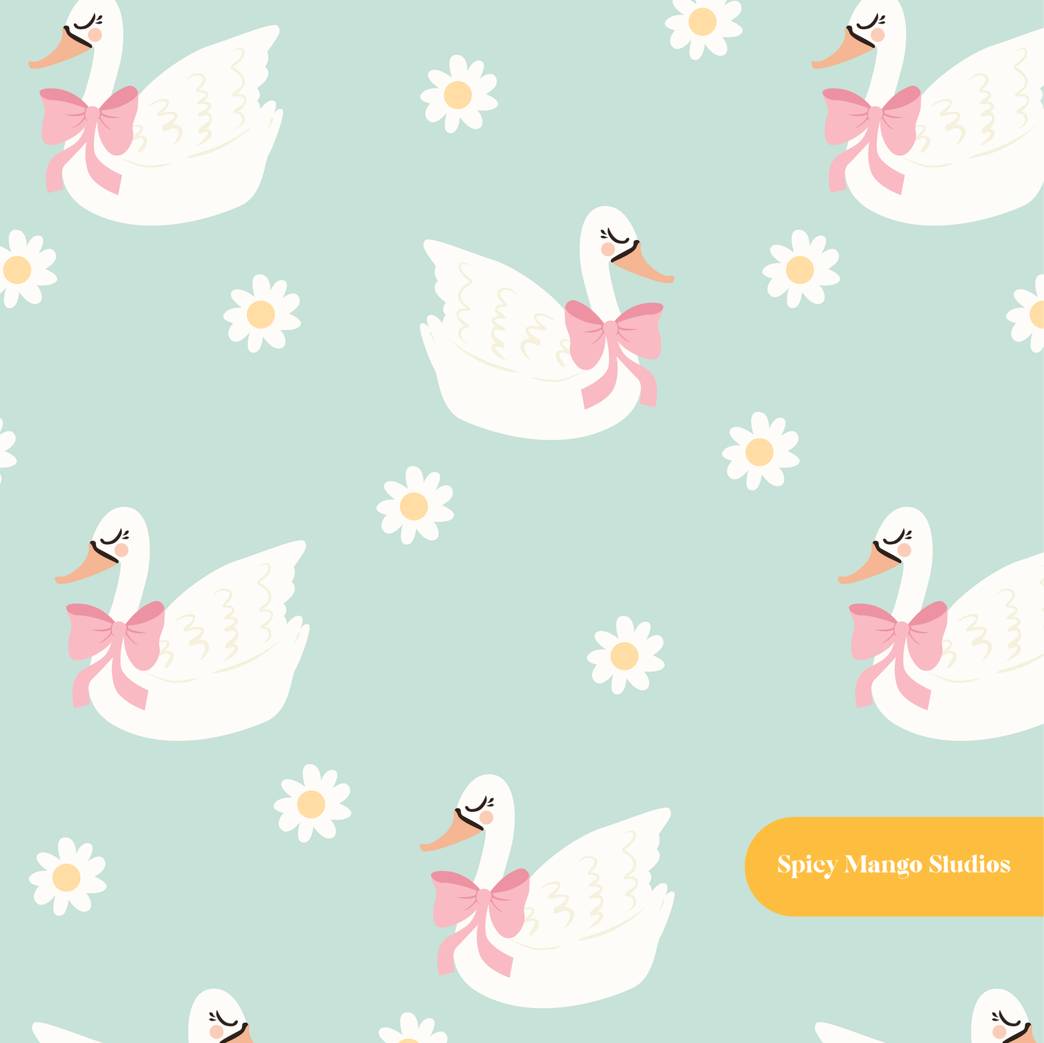 Mint Lovely Swan Seamless Pattern