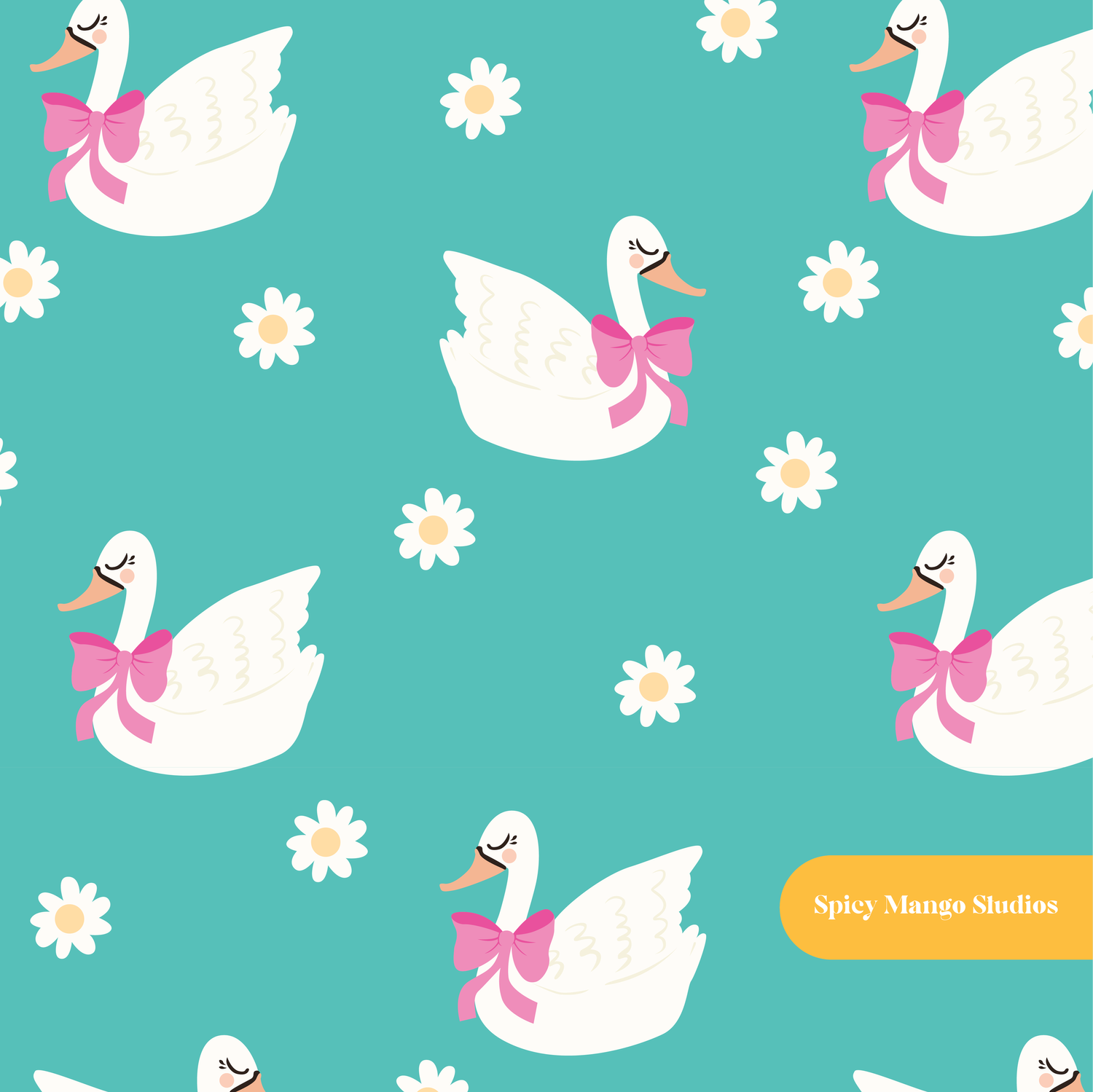 Teal Lovely Swan Seamless Pattern