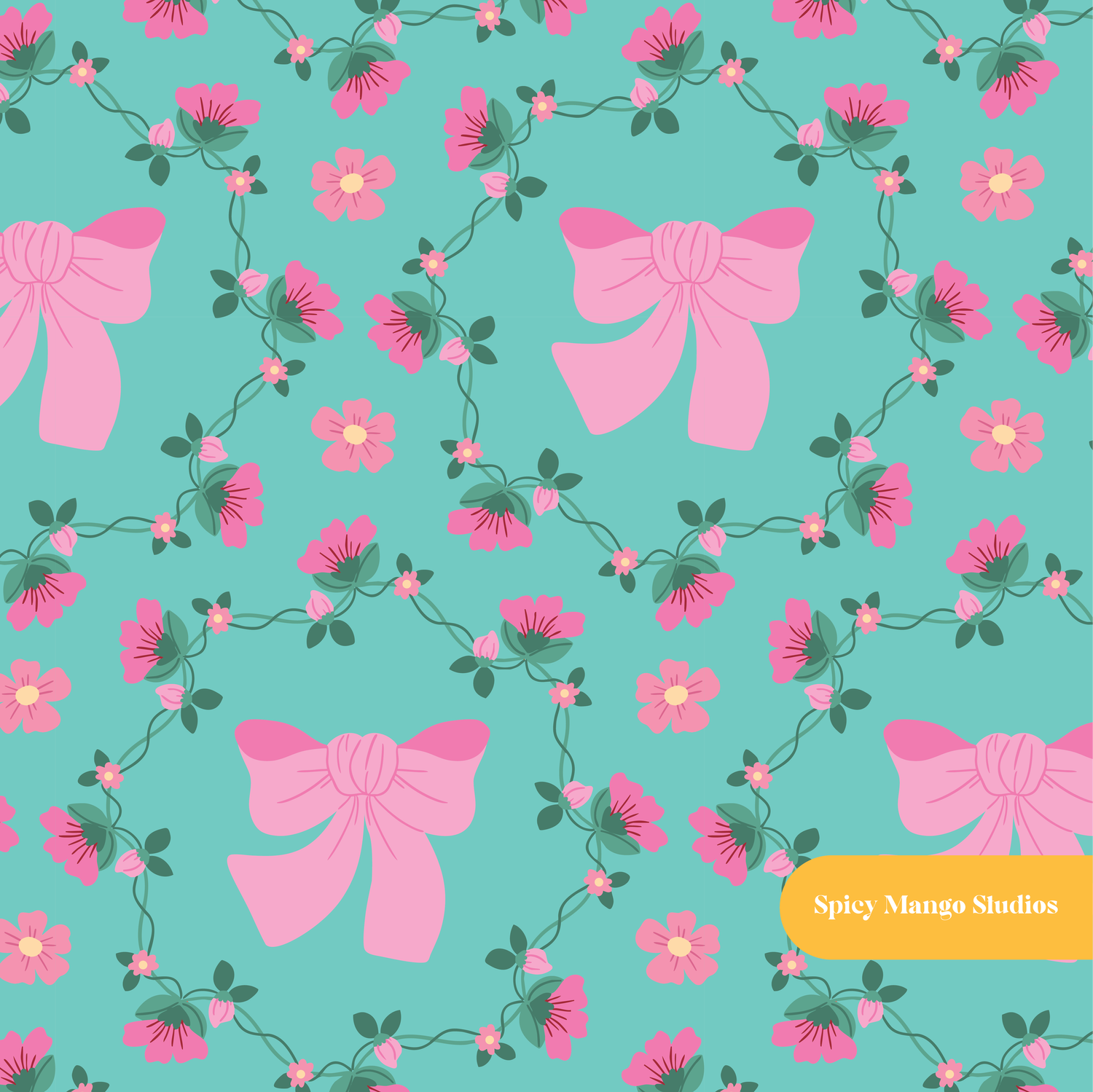 Teal and Pink Lulu Bow Floral Seamless Pattern