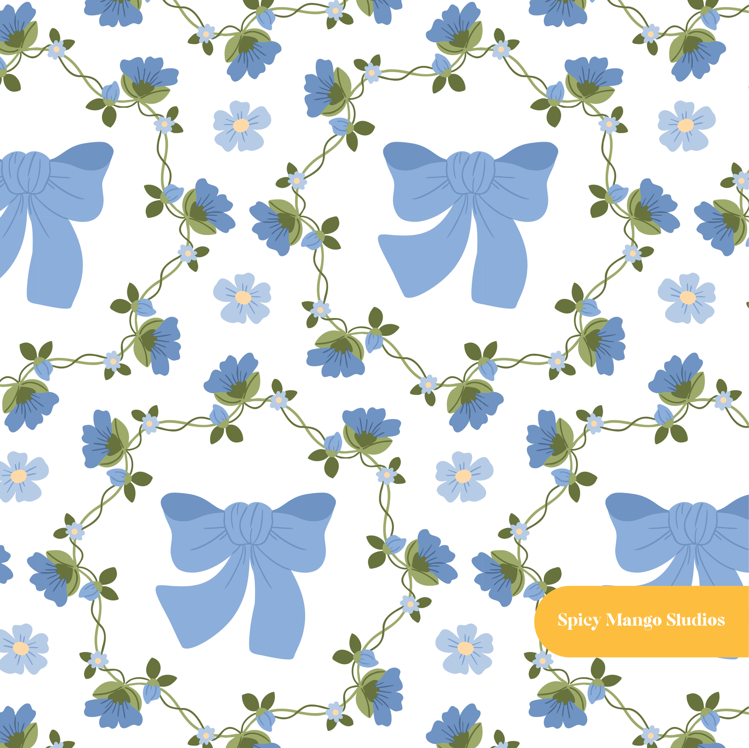 White and Blue Lulu Bow Floral Seamless Pattern