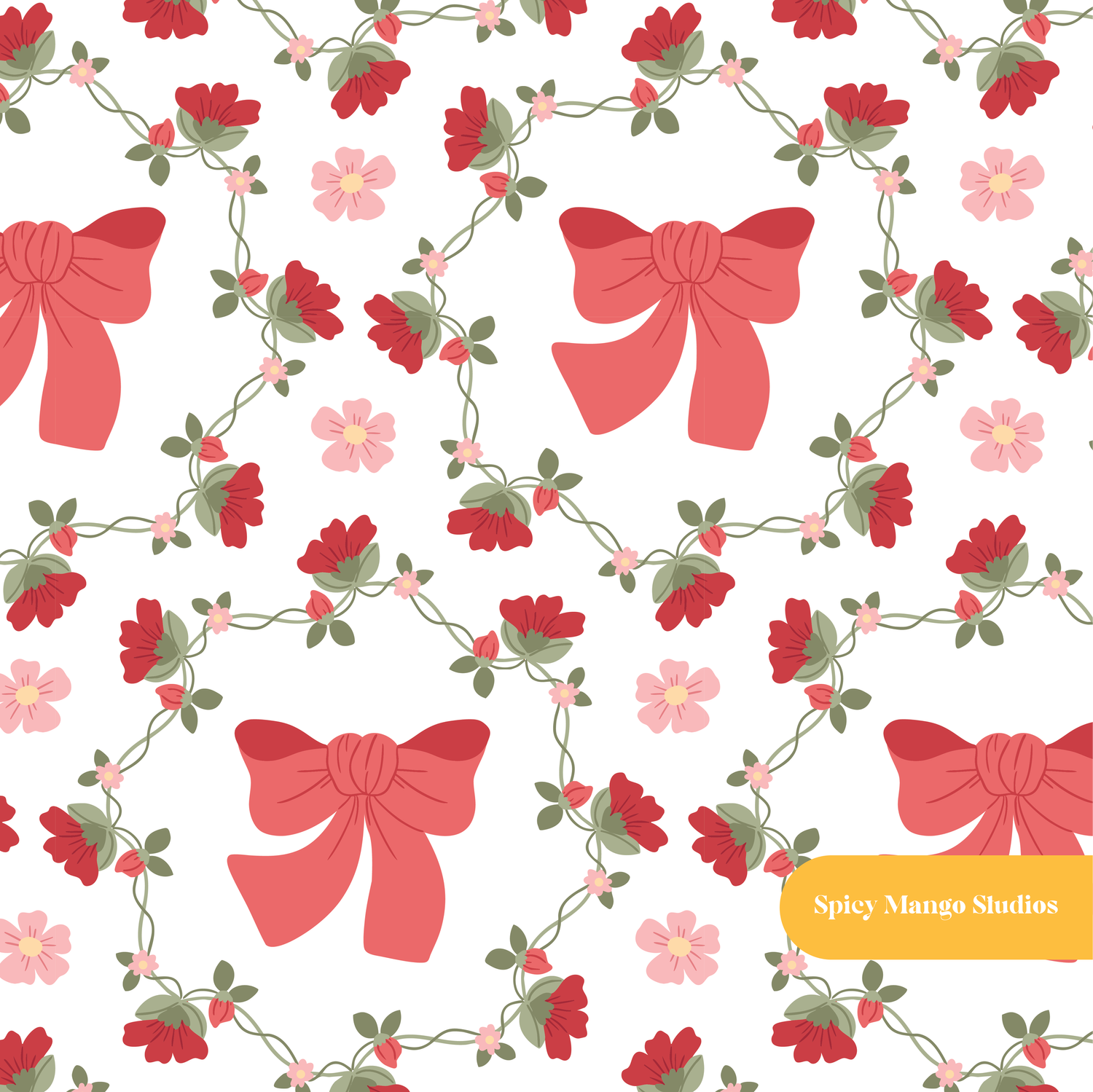White and Red Lulu Bow Floral Seamless Pattern