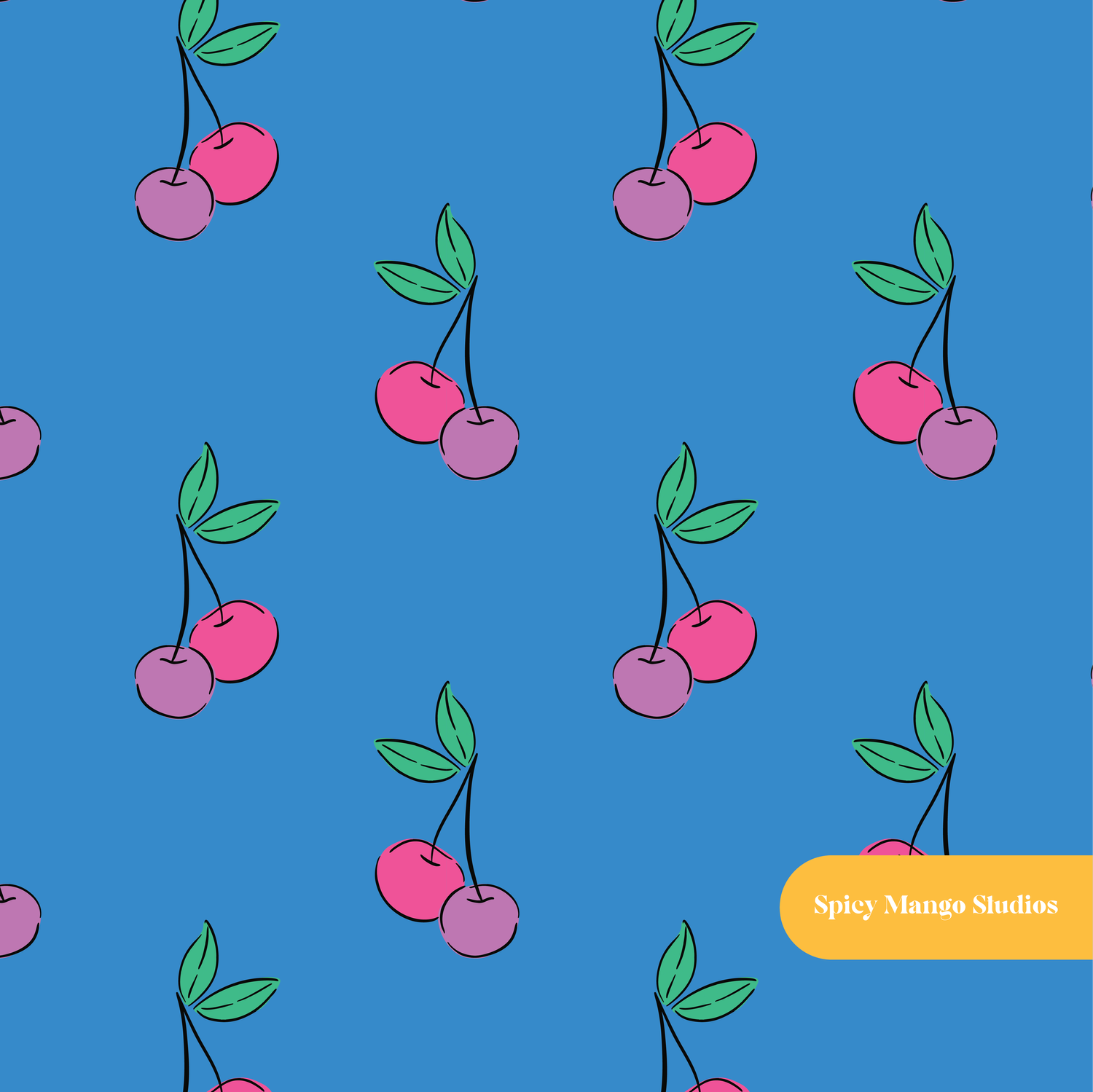 Blue Modern Cherry Seamless Pattern