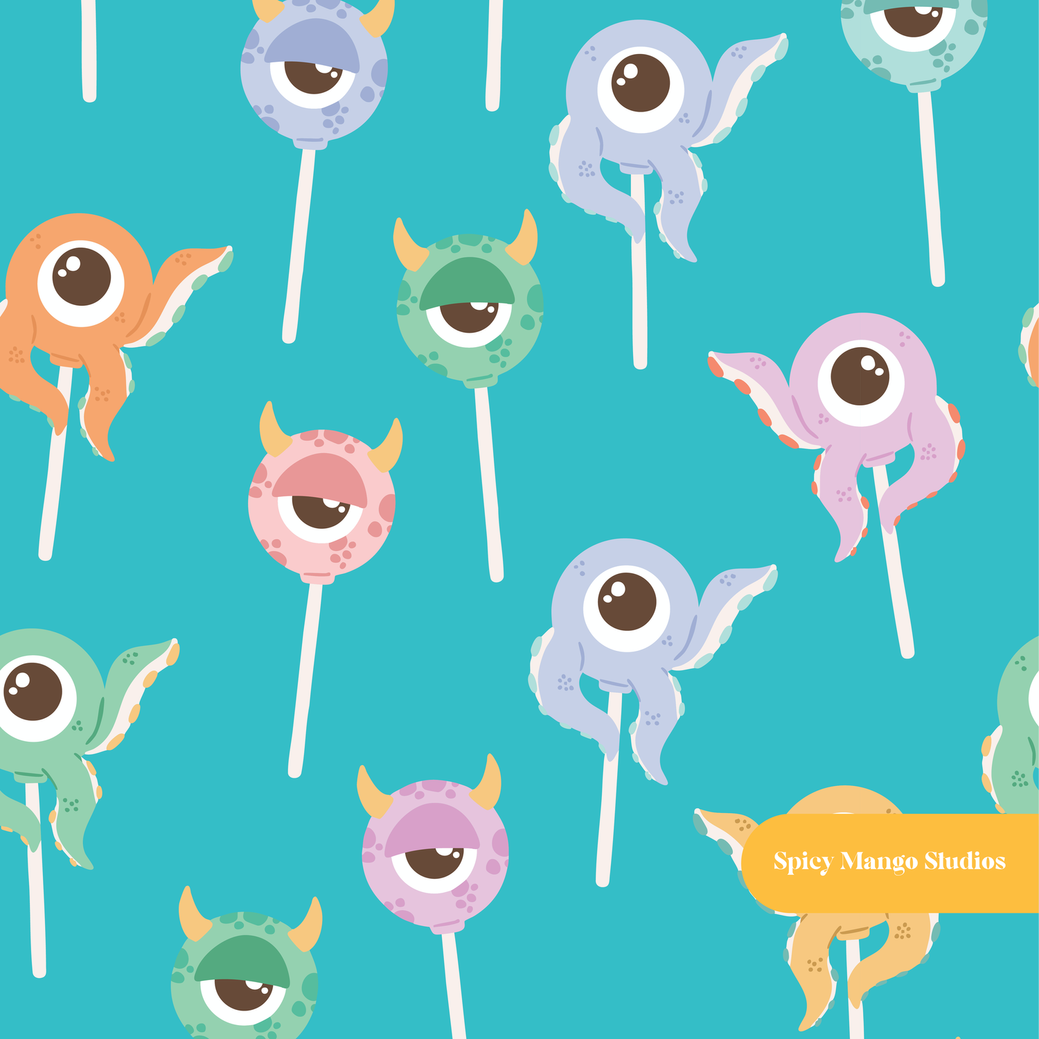 Aqua Monster Cake Pops Halloween Seamless Pattern