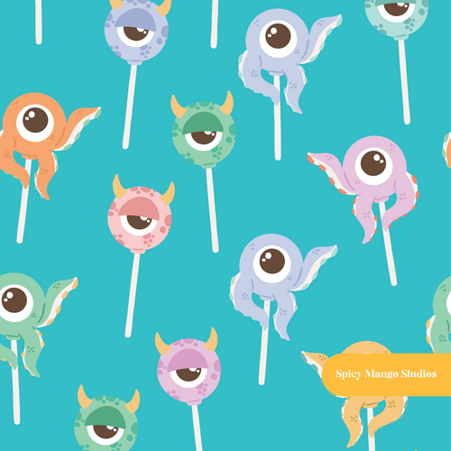 Aqua Monster Cake Pops Halloween Seamless Pattern
