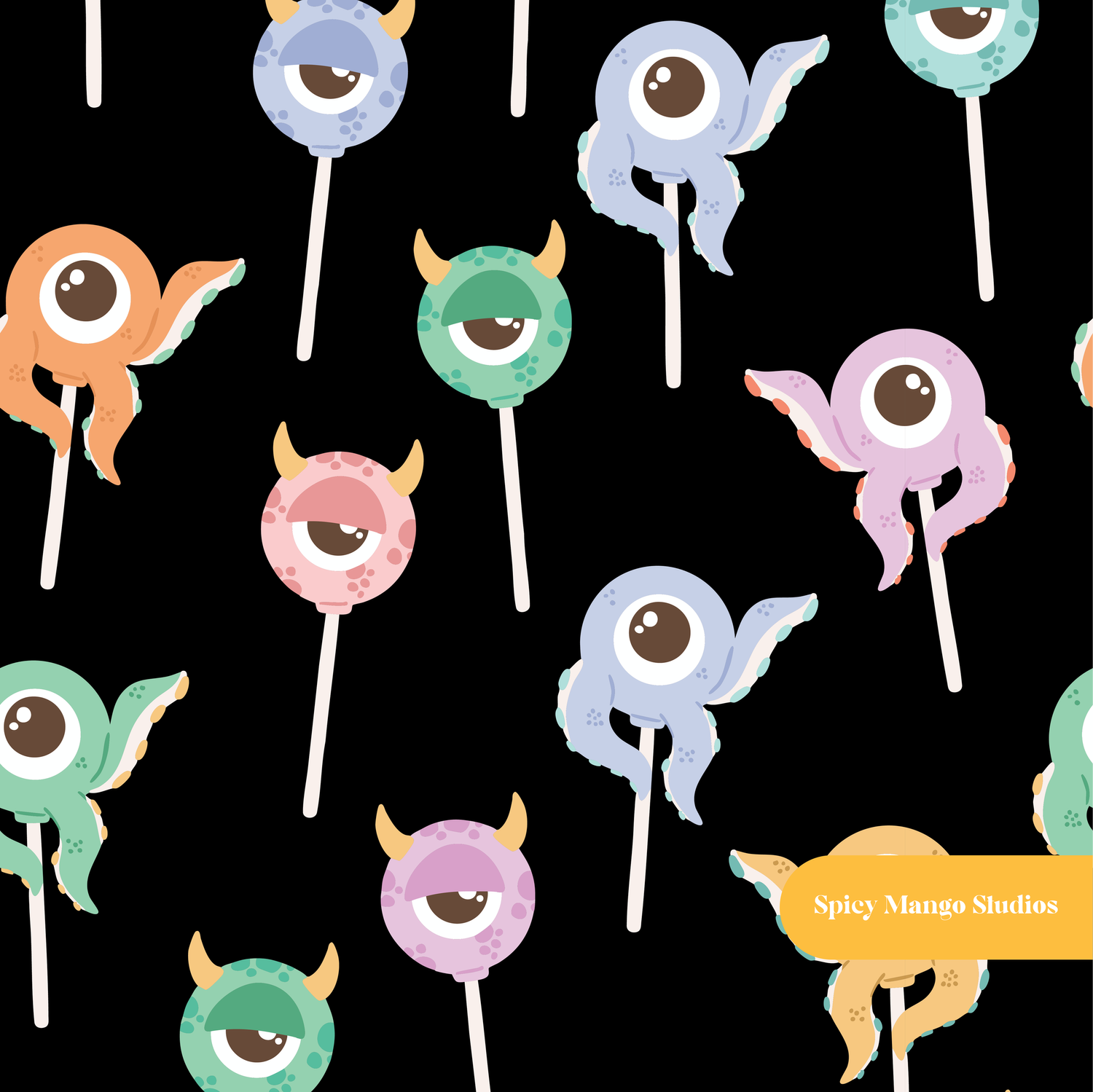 Black Monster Cake Pops Halloween Seamless Pattern