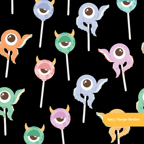 Black Monster Cake Pops Halloween Seamless Pattern
