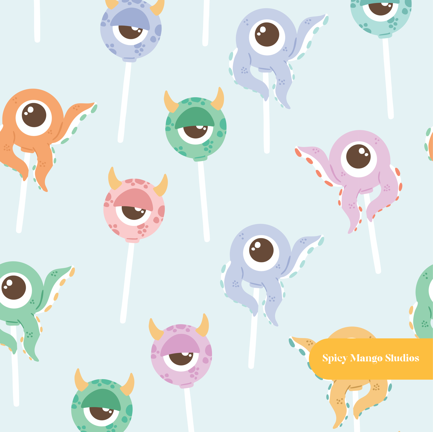 Light Blue Monster Cake Pops Halloween Seamless Pattern